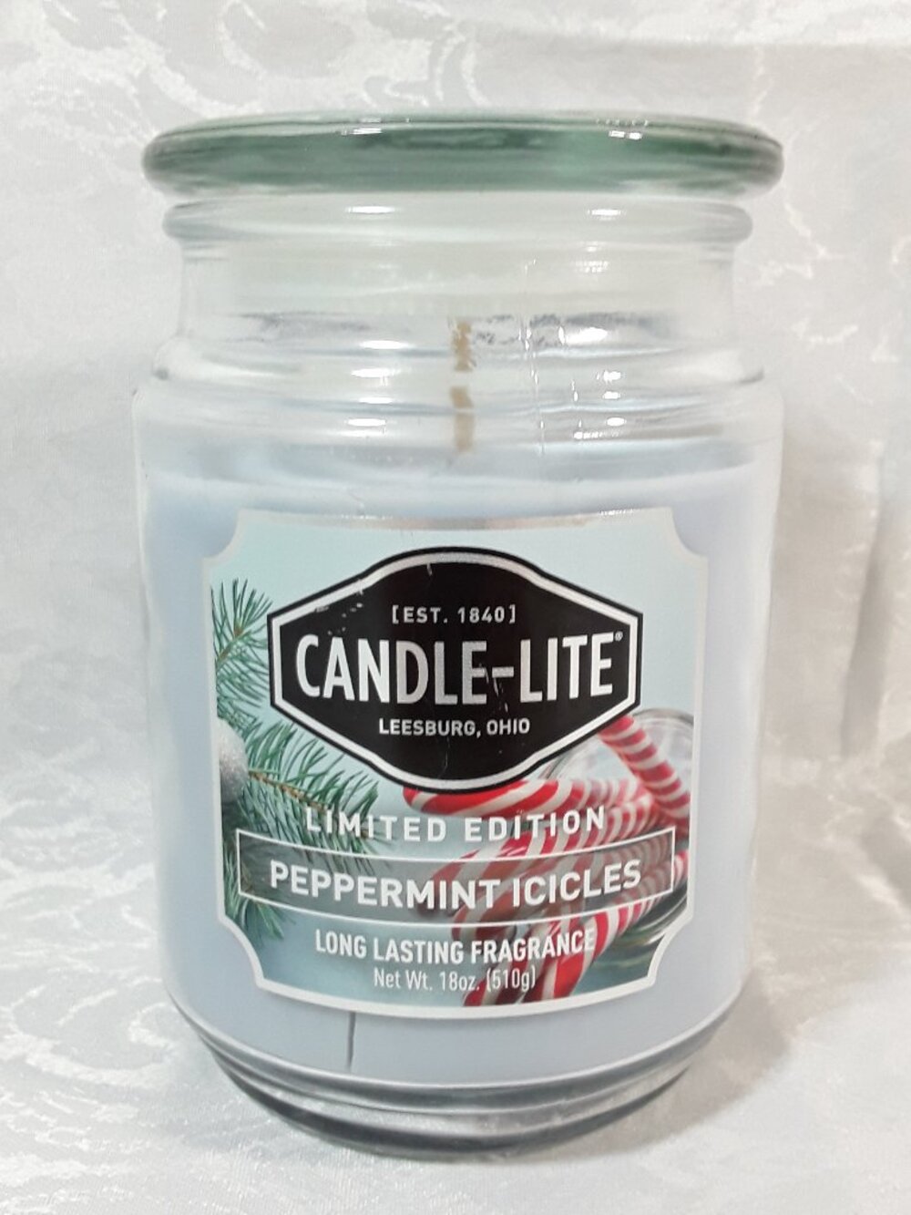 Unlit, Limited Edition Peppermint Icicles, Candle-Lite 18 oz Scented Candle, jar
